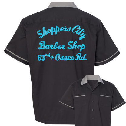 Shoppers City Barber Shop - Chainstitch Embroidered Bowling Shirt - Classic Style on a New Hilton Shirt