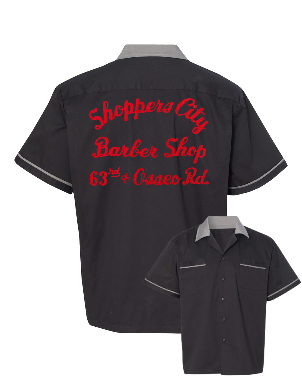 Shoppers City Barber Shop - Chainstitch Embroidered Bowling Shirt - Classic Style on a New Hilton Shirt