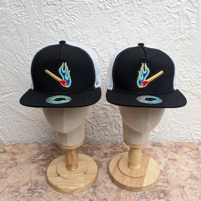 Flat Bill Trucker Hat With Chainstitch Blue Flame Match