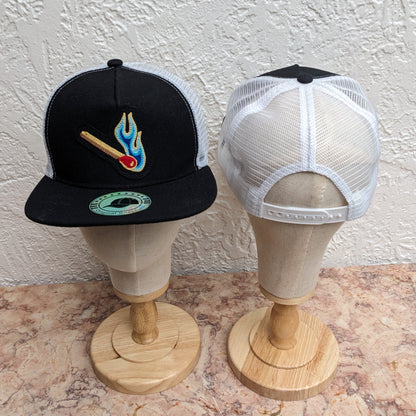 Flat Bill Trucker Hat With Chainstitch Blue Flame Match