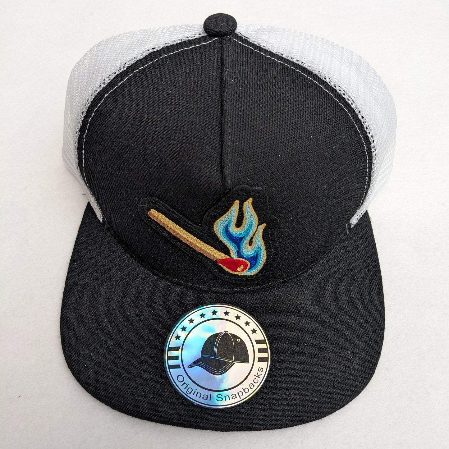 Flat Bill Trucker Hat With Chainstitch Blue Flame Match