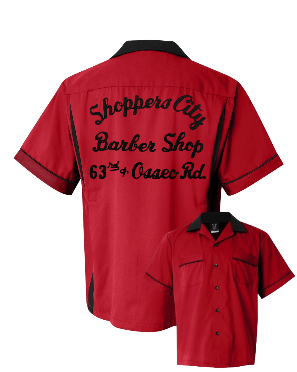 Shoppers City Barber Shop - Chainstitch Embroidered Bowling Shirt - Classic Style on a New Hilton Shirt