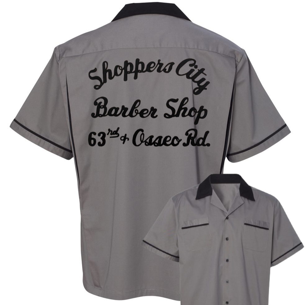 Shoppers City Barber Shop - Chainstitch Embroidered Bowling Shirt - Classic Style on a New Hilton Shirt