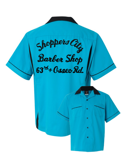 Shoppers City Barber Shop - Chainstitch Embroidered Bowling Shirt - Classic Style on a New Hilton Shirt