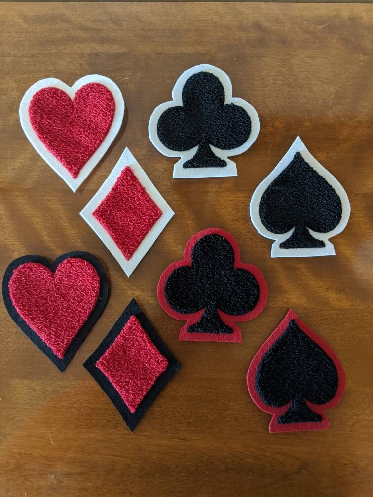 Fuzzy Chenille Patches of Playing Card Suits - Black/Red Or White Backing - Sew On