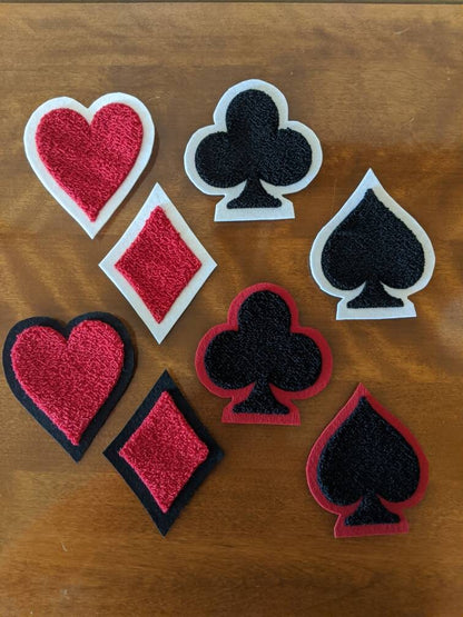 Fuzzy Chenille Patches of Playing Card Suits - Black/Red Or White Backing - Sew On