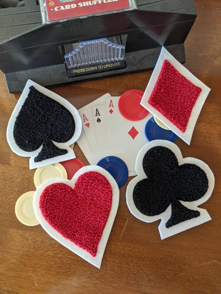 Fuzzy Chenille Patches of Playing Card Suits - Black/Red Or White Backing - Sew On