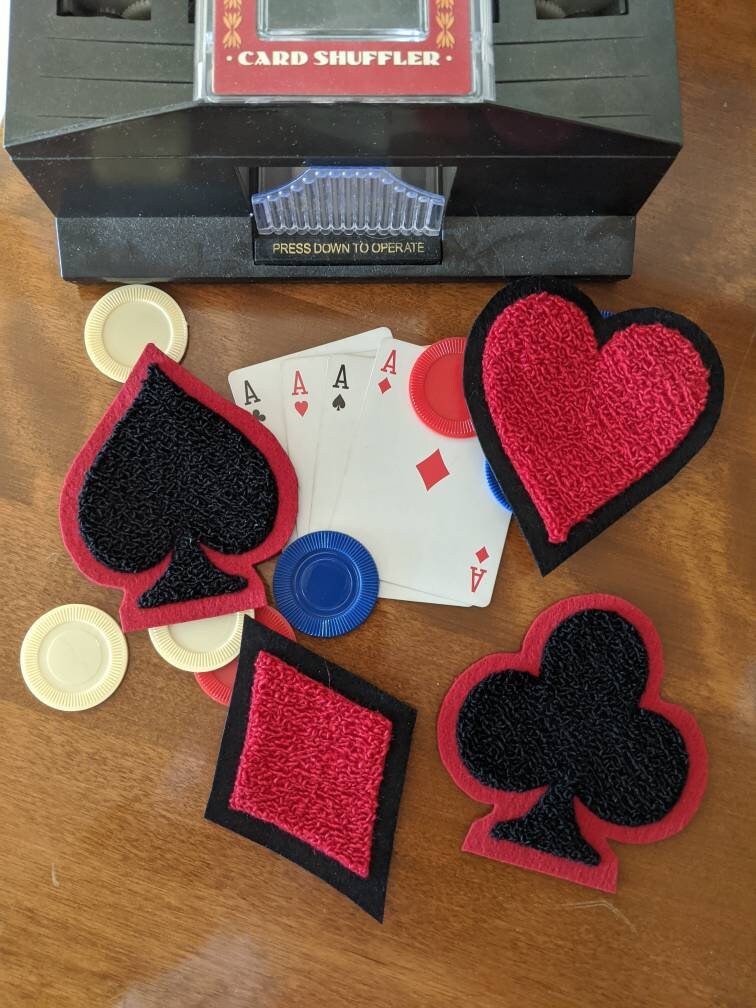 Fuzzy Chenille Patches of Playing Card Suits - Black/Red Or White Backing - Sew On