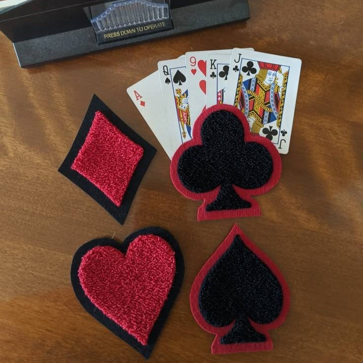 Fuzzy Chenille Patches of Playing Card Suits - Black/Red Or White Backing - Sew On