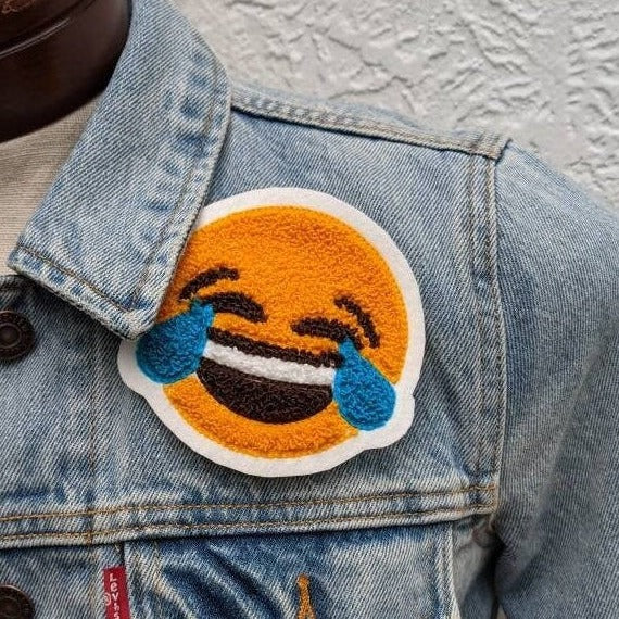 Emoji Chenille Patch -Tears of Joy - Traditional Moss Stitch on Felt Backing