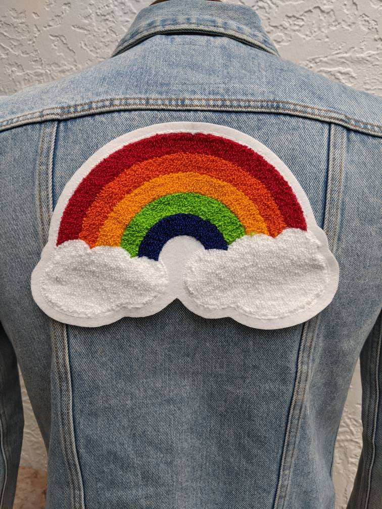 Large Rainbow Cloud Chenille Patch - Moss Stitch on Felt Backing