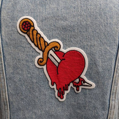 Vintage Style Chainstitch Dagger Through Heart Patch - Sew On